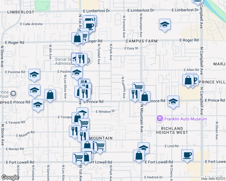 map of restaurants, bars, coffee shops, grocery stores, and more near 3702 North Park Avenue in Tucson