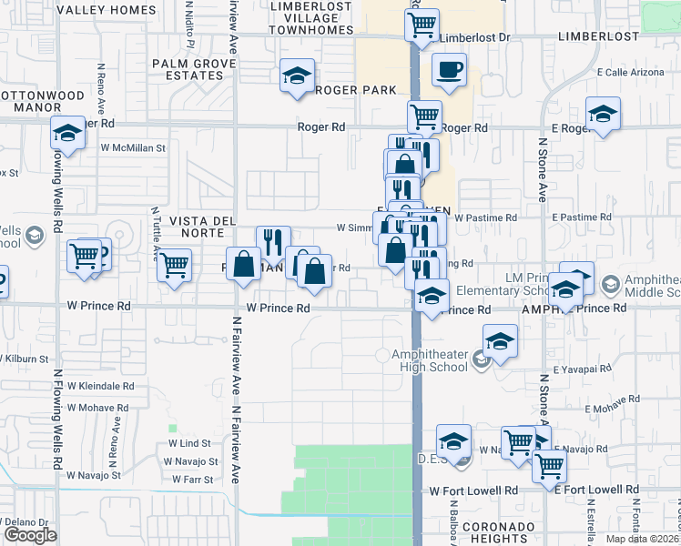 map of restaurants, bars, coffee shops, grocery stores, and more near 558 West Thurber Road in Tucson