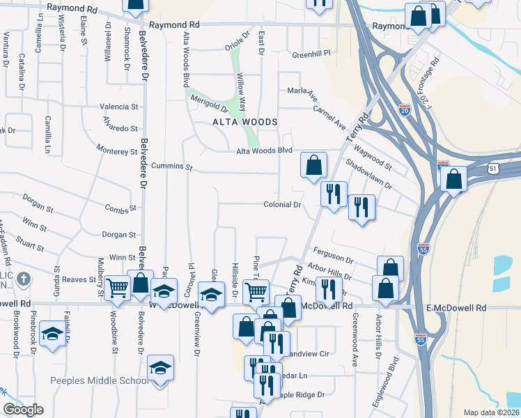 map of restaurants, bars, coffee shops, grocery stores, and more near 250 Colonial Drive in Jackson