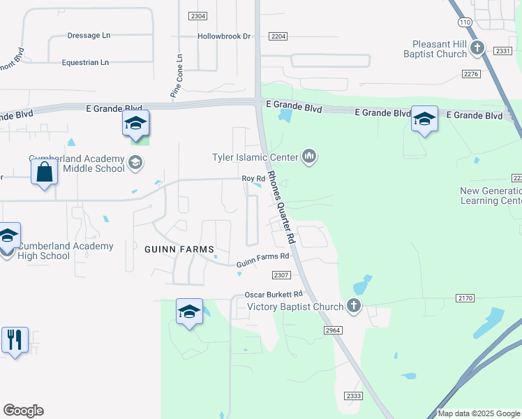 map of restaurants, bars, coffee shops, grocery stores, and more near 6326 Villa Rosa Way in Tyler