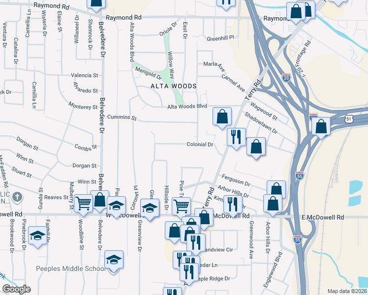 map of restaurants, bars, coffee shops, grocery stores, and more near 250 Colonial Drive in Jackson