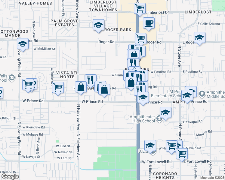 map of restaurants, bars, coffee shops, grocery stores, and more near 558 West Thurber Road in Tucson