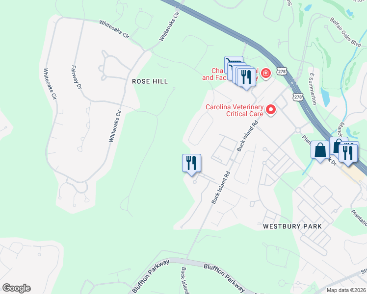map of restaurants, bars, coffee shops, grocery stores, and more near 250 Club Gate in Bluffton