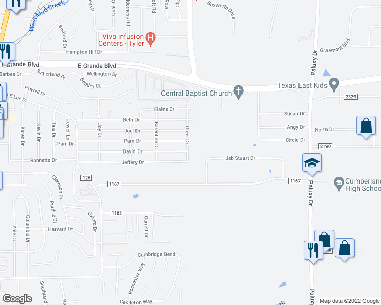 map of restaurants, bars, coffee shops, grocery stores, and more near 8164 Greer Drive in Tyler