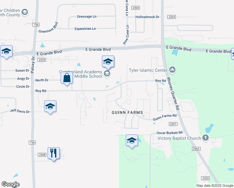 map of restaurants, bars, coffee shops, grocery stores, and more near 5840 Grace Avenue in Tyler