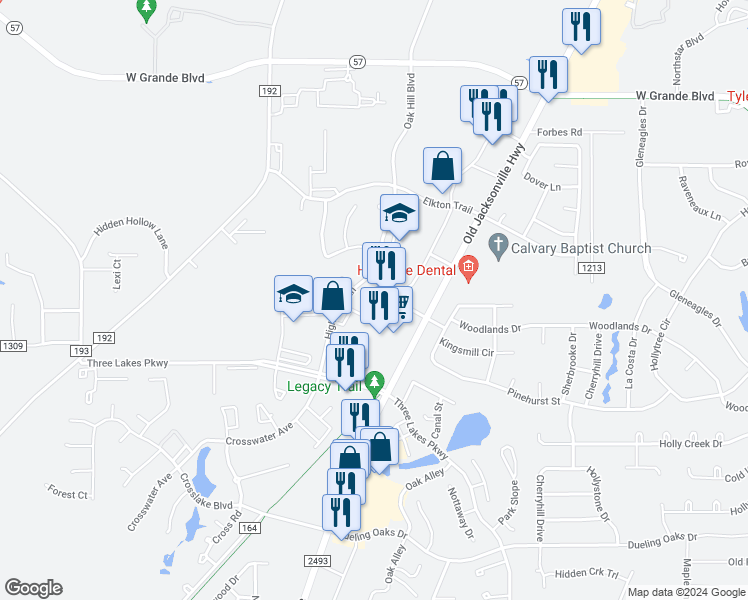map of restaurants, bars, coffee shops, grocery stores, and more near 2981 Park Ridge Drive in Tyler