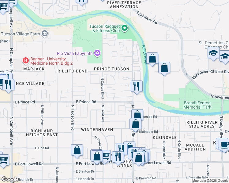 map of restaurants, bars, coffee shops, grocery stores, and more near 2910 East Camino Pocero Parque in Tucson