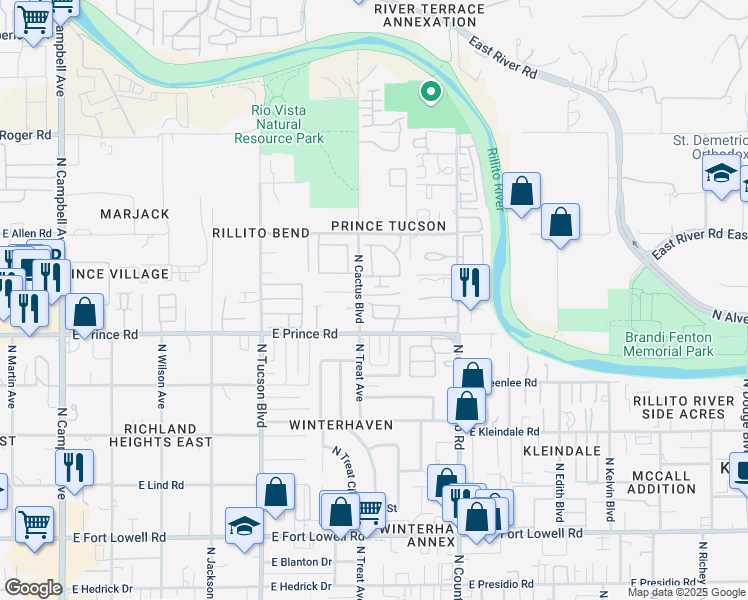 map of restaurants, bars, coffee shops, grocery stores, and more near 3667 North Cactus Boulevard in Tucson