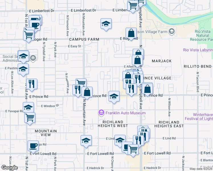 map of restaurants, bars, coffee shops, grocery stores, and more near 1533 East Prince Road in Tucson