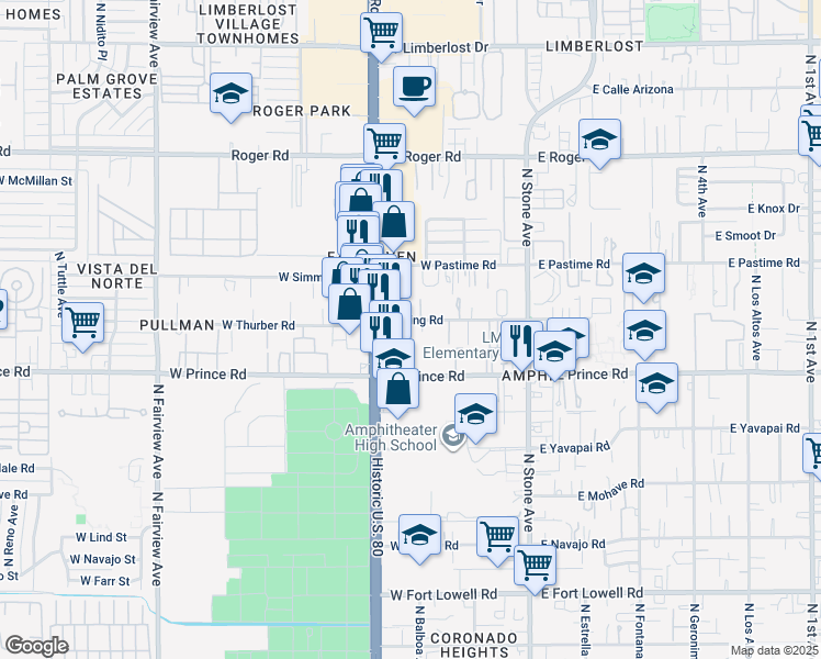 map of restaurants, bars, coffee shops, grocery stores, and more near 300 West King Road in Tucson