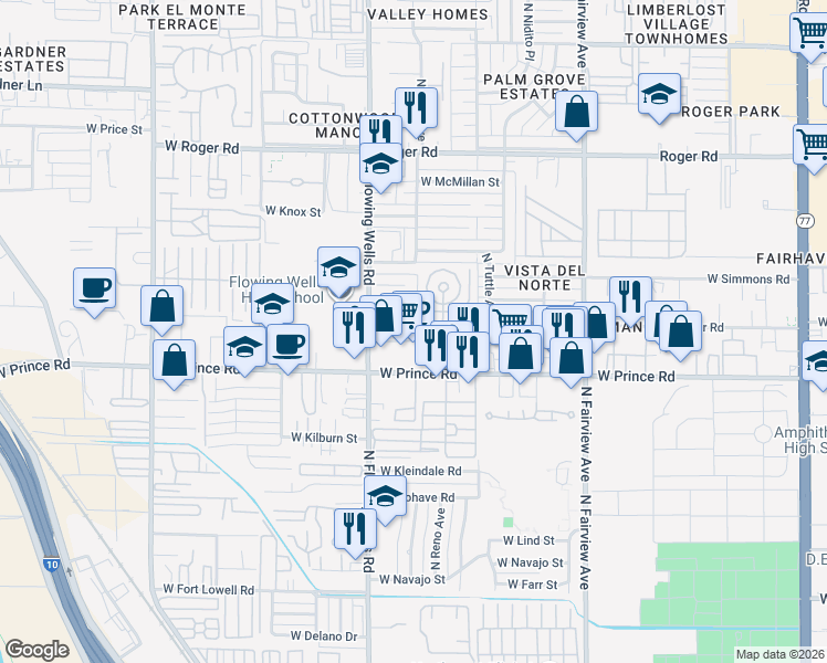 map of restaurants, bars, coffee shops, grocery stores, and more near 1331 West King Place in Tucson