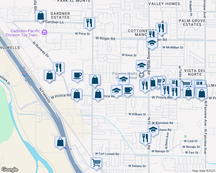 map of restaurants, bars, coffee shops, grocery stores, and more near 1700 West Prince Road in Tucson