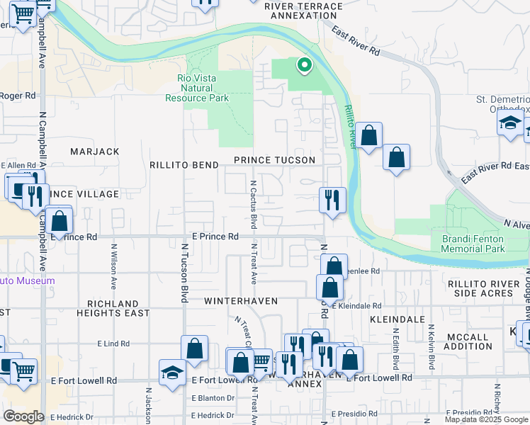 map of restaurants, bars, coffee shops, grocery stores, and more near 3667 North Cactus Boulevard in Tucson