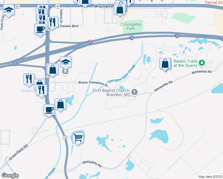 map of restaurants, bars, coffee shops, grocery stores, and more near Boyce Thompson Drive in Brandon