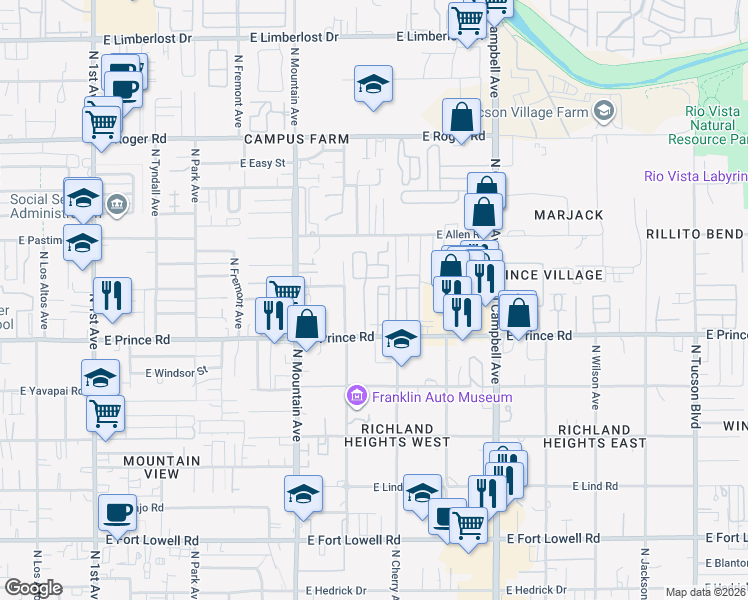 map of restaurants, bars, coffee shops, grocery stores, and more near 1533 East Prince Road in Tucson