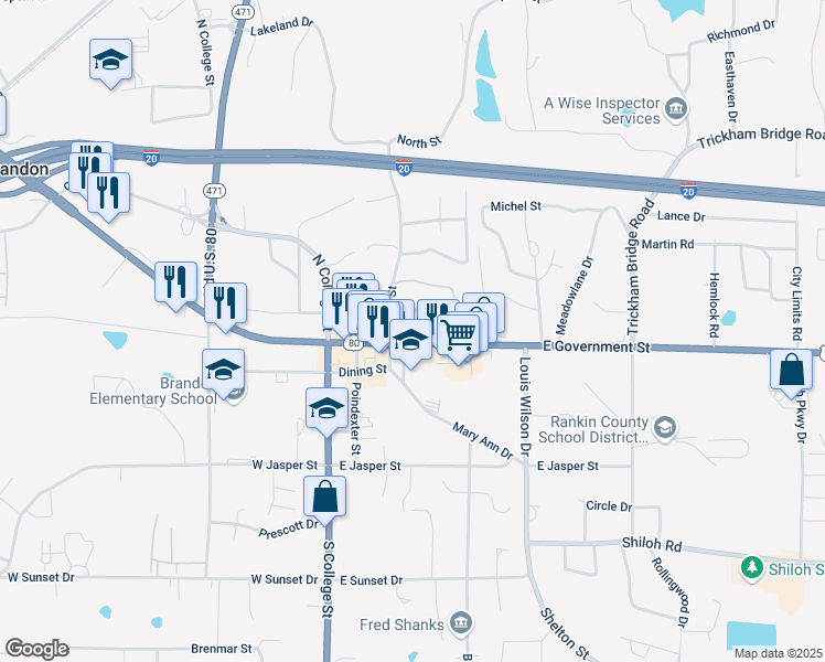 map of restaurants, bars, coffee shops, grocery stores, and more near 100 North Timber Street in Brandon