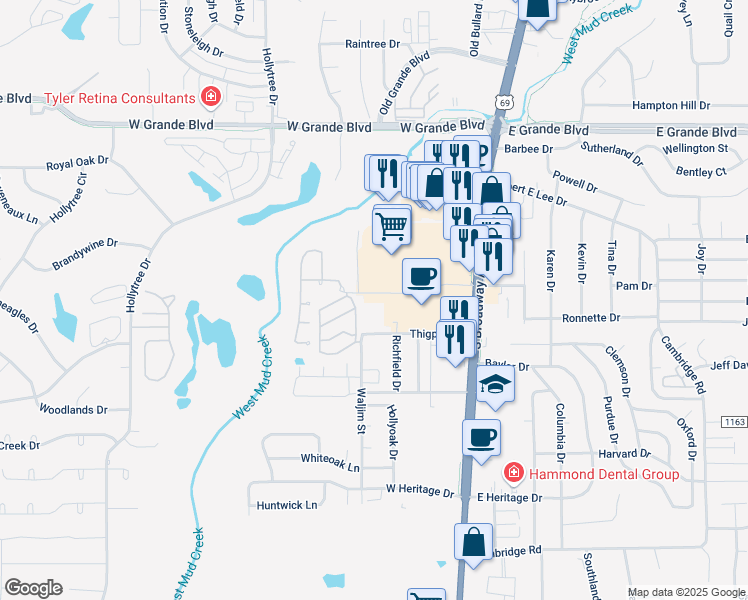 map of restaurants, bars, coffee shops, grocery stores, and more near 453 West South Town Drive in Tyler