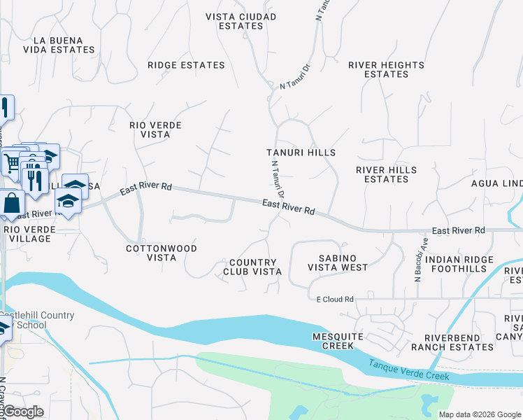 map of restaurants, bars, coffee shops, grocery stores, and more near 6240 East River Road in Tucson