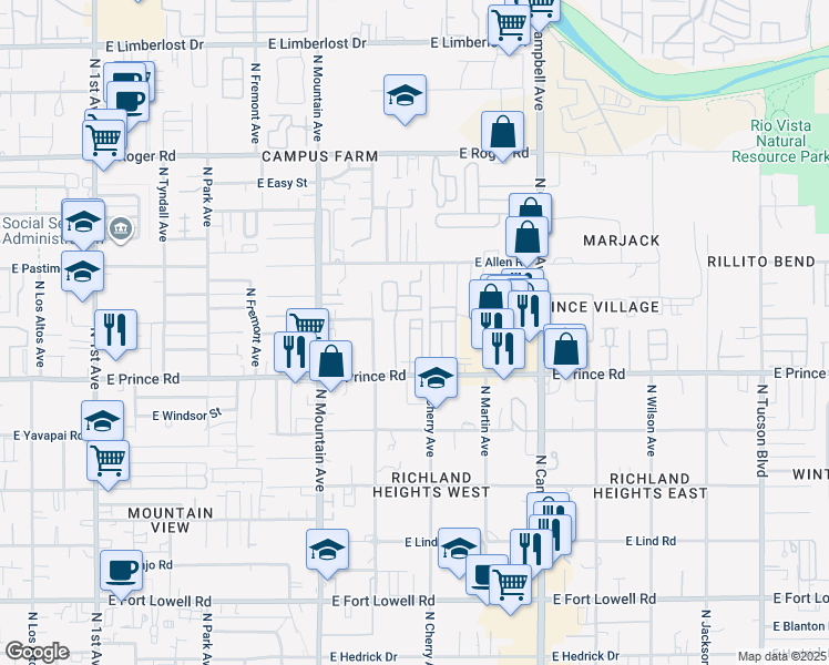map of restaurants, bars, coffee shops, grocery stores, and more near 1533 East Prince Road in Tucson