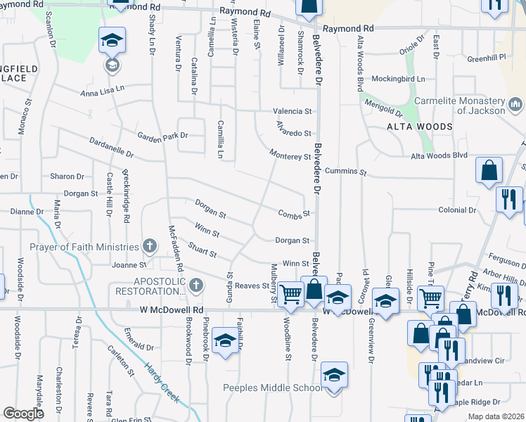 map of restaurants, bars, coffee shops, grocery stores, and more near 911 Combs Street in Jackson