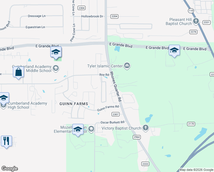 map of restaurants, bars, coffee shops, grocery stores, and more near 6326 Villa Rosa Way in Tyler