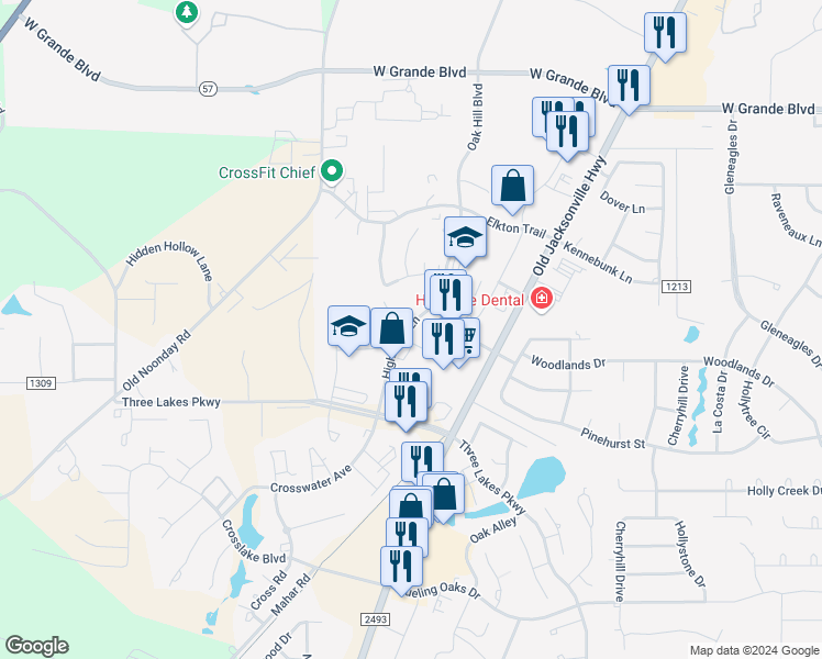 map of restaurants, bars, coffee shops, grocery stores, and more near 6951 Arbor Ridge Drive in Tyler