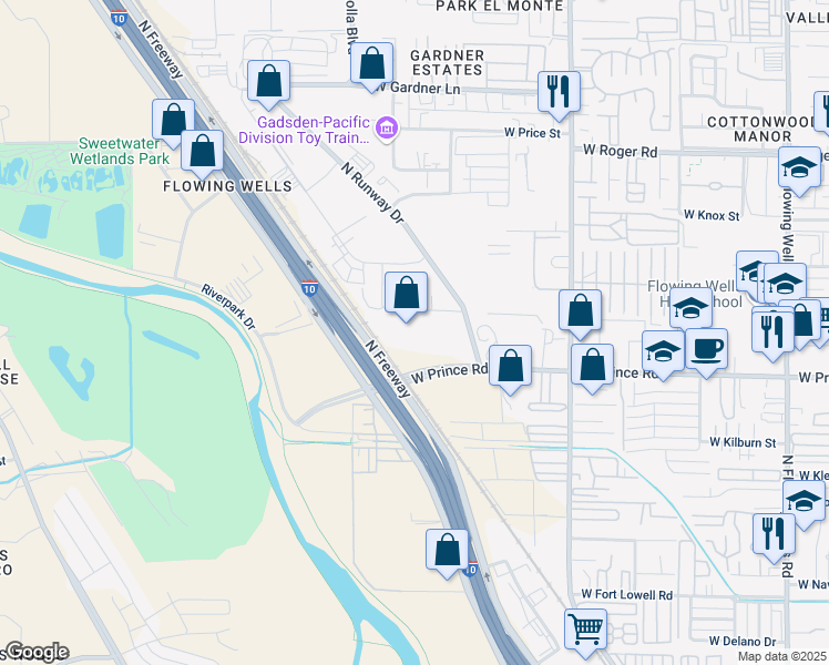 map of restaurants, bars, coffee shops, grocery stores, and more near 3705 North Runway Drive in Tucson