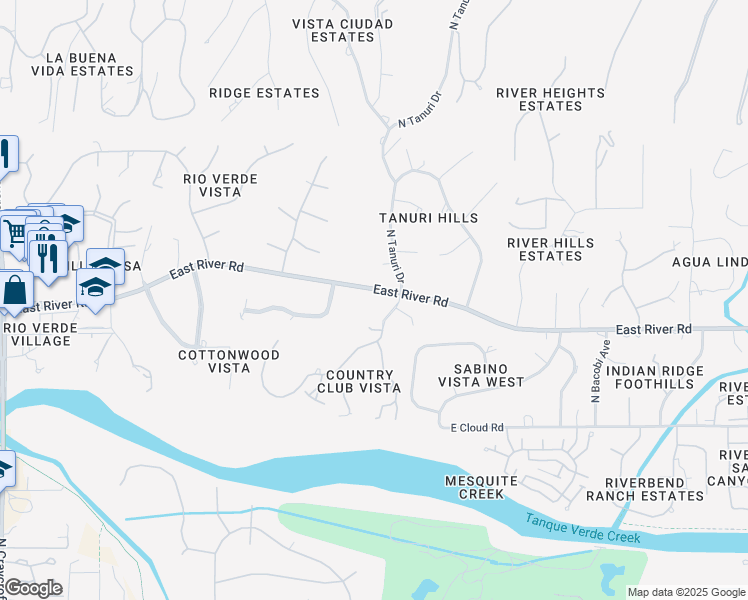 map of restaurants, bars, coffee shops, grocery stores, and more near 6240 East River Road in Tucson