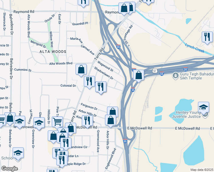 map of restaurants, bars, coffee shops, grocery stores, and more near 222 Sunny Lane Drive in Jackson