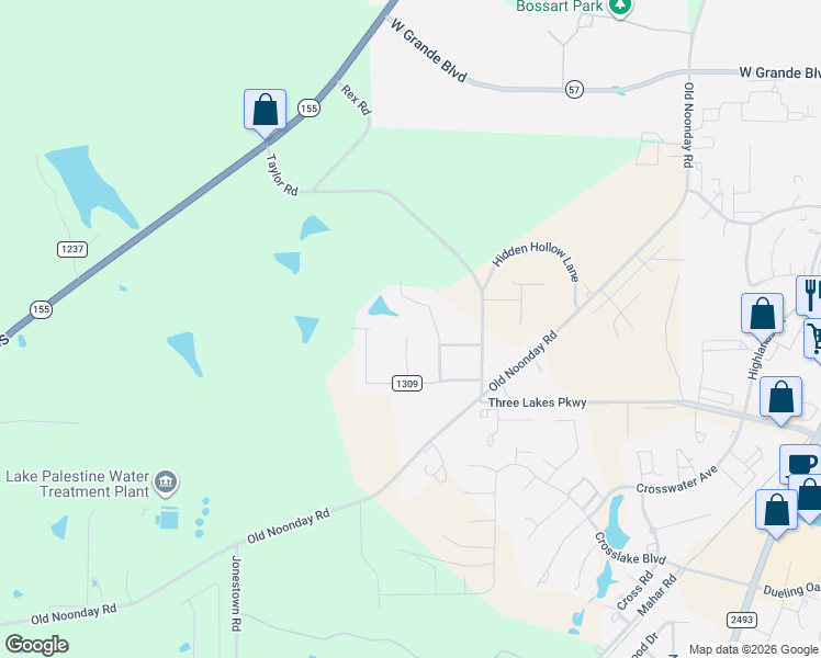 map of restaurants, bars, coffee shops, grocery stores, and more near 14316 Cedarwood Circle in Tyler