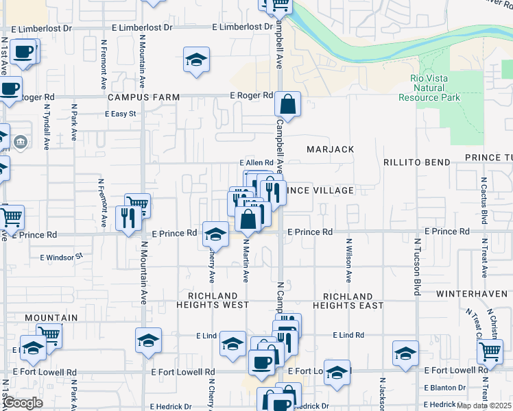 map of restaurants, bars, coffee shops, grocery stores, and more near 1767 East Prince Road in Tucson