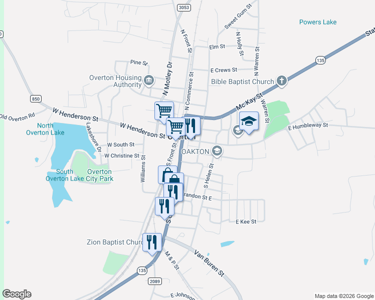 map of restaurants, bars, coffee shops, grocery stores, and more near in Overton
