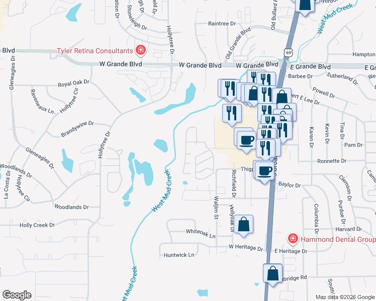 map of restaurants, bars, coffee shops, grocery stores, and more near 634 Ridge Creek Drive in Tyler