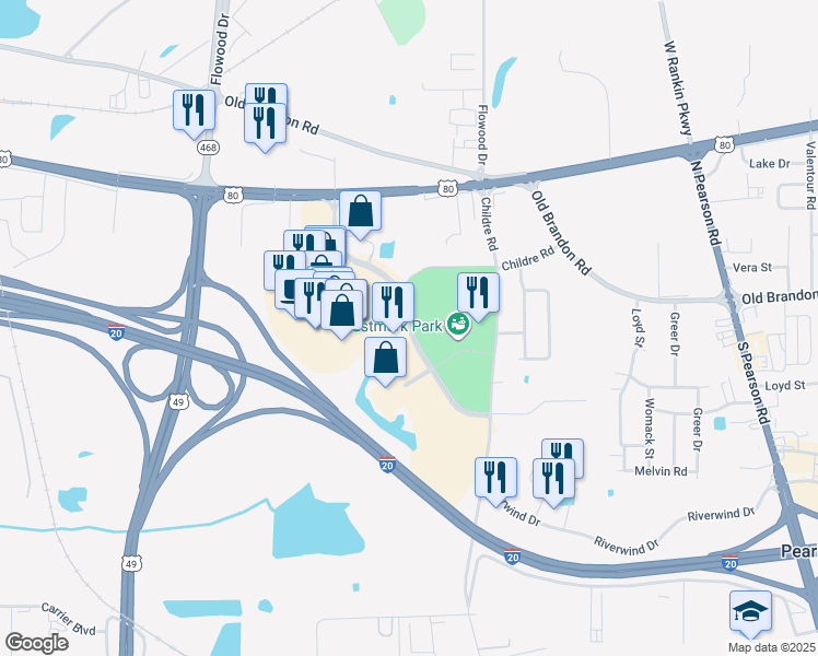map of restaurants, bars, coffee shops, grocery stores, and more near Bass Pro Drive in Pearl