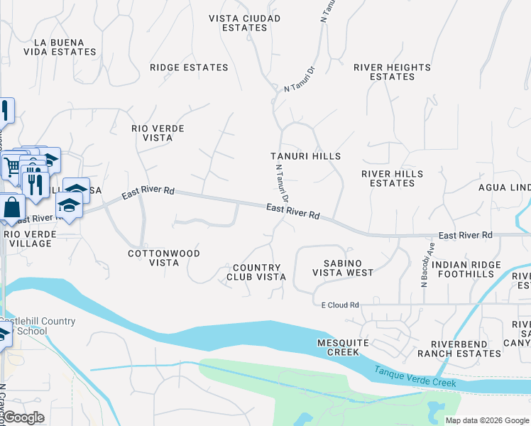 map of restaurants, bars, coffee shops, grocery stores, and more near 6240 East River Road in Tucson