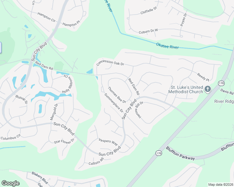 map of restaurants, bars, coffee shops, grocery stores, and more near 53 Thomas Bee Drive in Bluffton