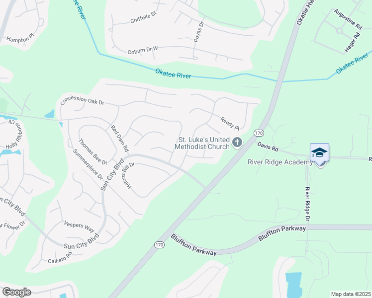 map of restaurants, bars, coffee shops, grocery stores, and more near 103 Spring Beauty Drive in Bluffton