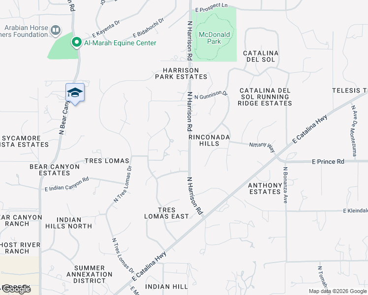 map of restaurants, bars, coffee shops, grocery stores, and more near 3685 North Harrison Road in Tucson