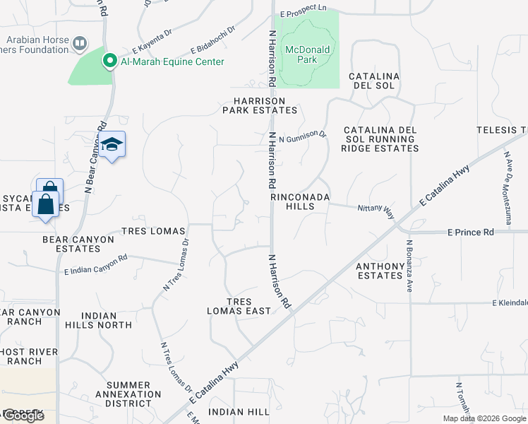 map of restaurants, bars, coffee shops, grocery stores, and more near 3685 North Harrison Road in Tucson
