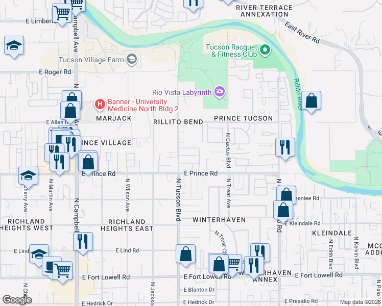 map of restaurants, bars, coffee shops, grocery stores, and more near 3704 North Tucson Boulevard in Tucson