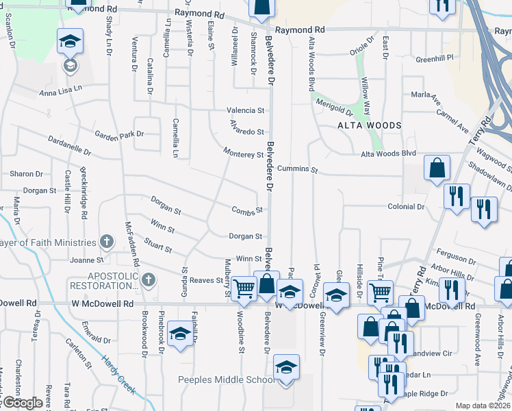 map of restaurants, bars, coffee shops, grocery stores, and more near 728 Combs Street in Jackson