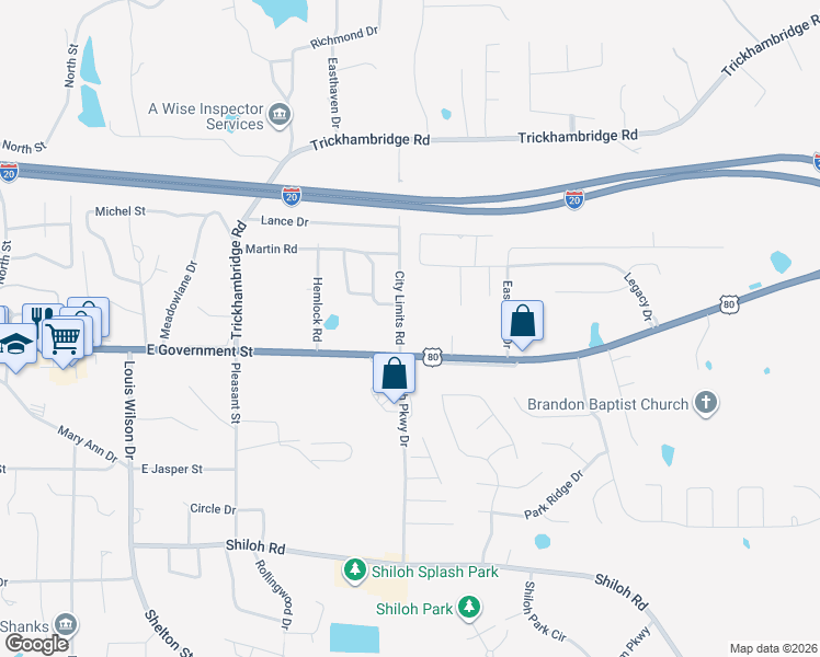map of restaurants, bars, coffee shops, grocery stores, and more near 100 City Limits Road in Brandon