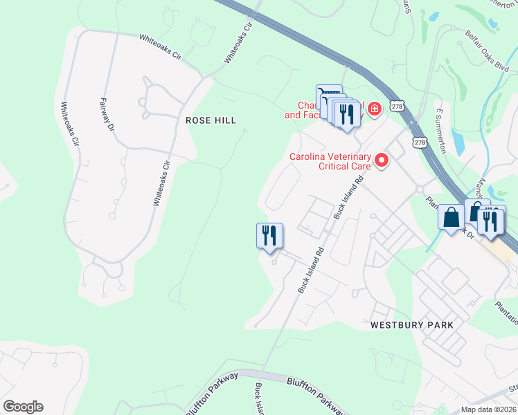 map of restaurants, bars, coffee shops, grocery stores, and more near 250 Club Gate in Bluffton