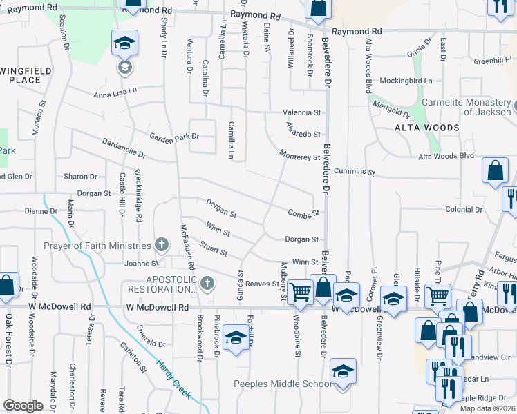 map of restaurants, bars, coffee shops, grocery stores, and more near 911 Combs Street in Jackson
