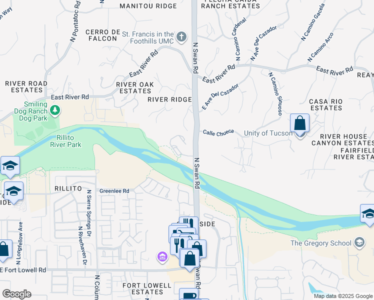 map of restaurants, bars, coffee shops, grocery stores, and more near 3701 North Swan Road in Tucson