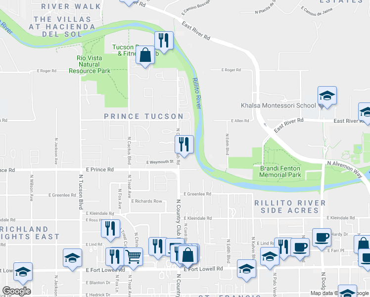 map of restaurants, bars, coffee shops, grocery stores, and more near 3706 North Country Club Road in Tucson