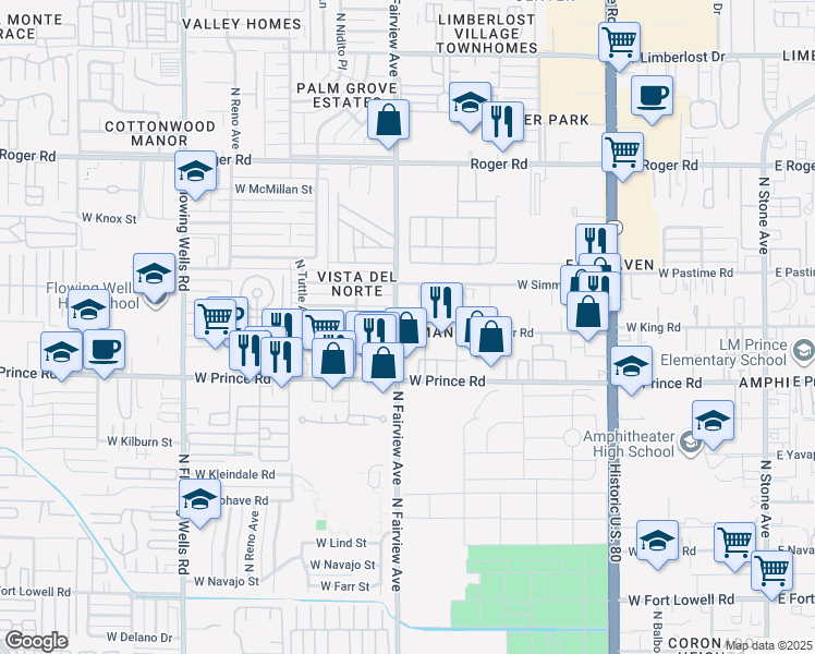 map of restaurants, bars, coffee shops, grocery stores, and more near in Tucson