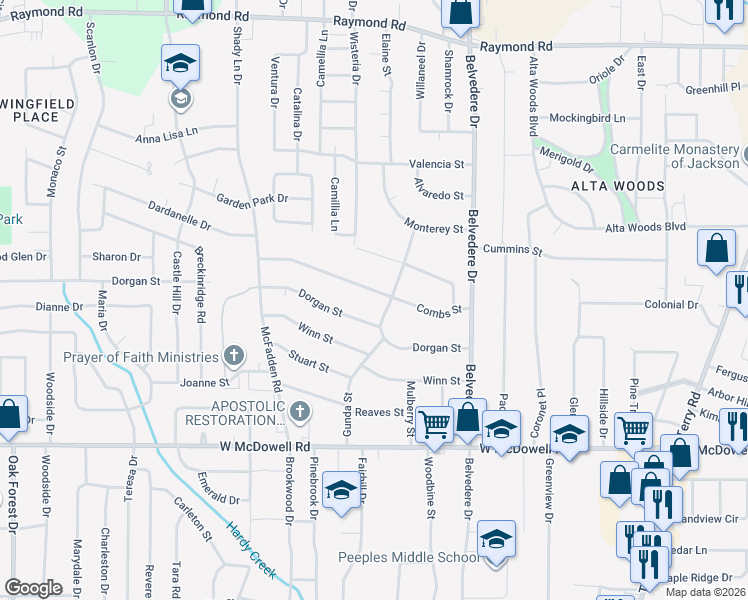 map of restaurants, bars, coffee shops, grocery stores, and more near 911 Combs Street in Jackson