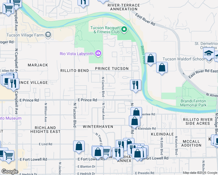 map of restaurants, bars, coffee shops, grocery stores, and more near 2910 East Camino Pocero Parque in Tucson