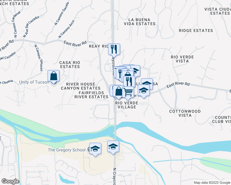 map of restaurants, bars, coffee shops, grocery stores, and more near North Craycroft Road in Tucson